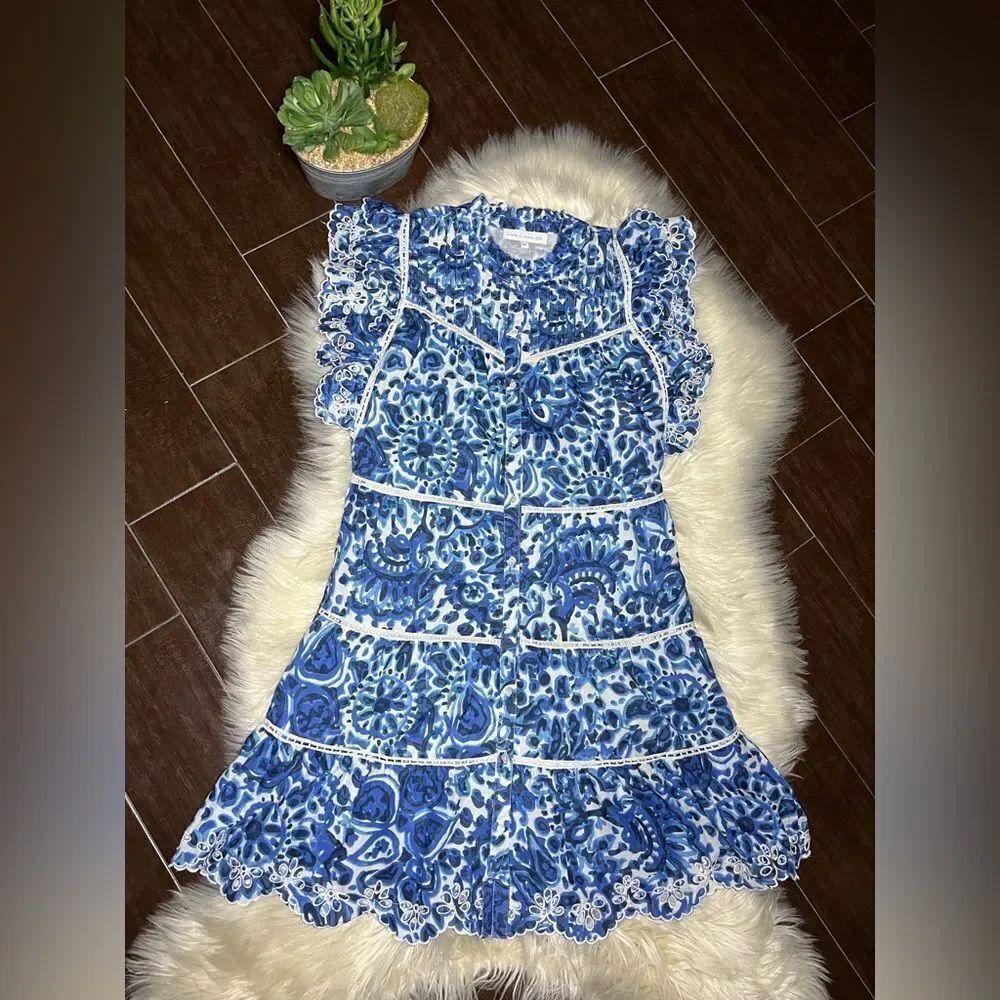 House of Harlow 1960 Melba blue floral ruffle button down dress Sz Medium
